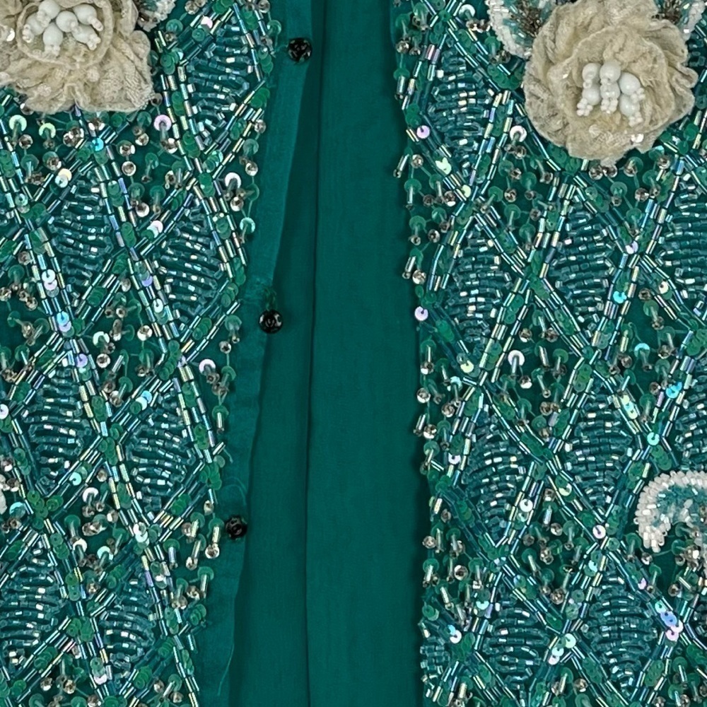 VINTAGE RICHILENE 70S SILK CHIFFON BEAD EMBELLISHED AQUA FORMAL EVENING GOWN - Picture 16 of 16